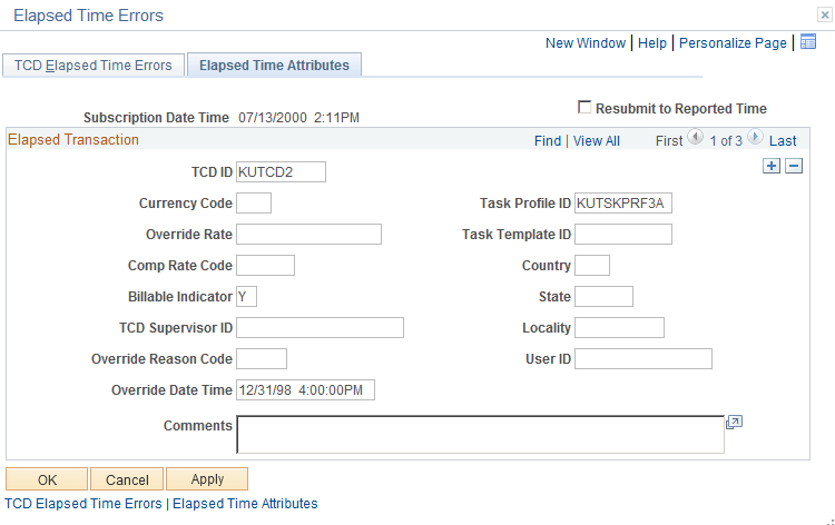 Elapsed Time Attributes page Elapsed Time Attributes page
