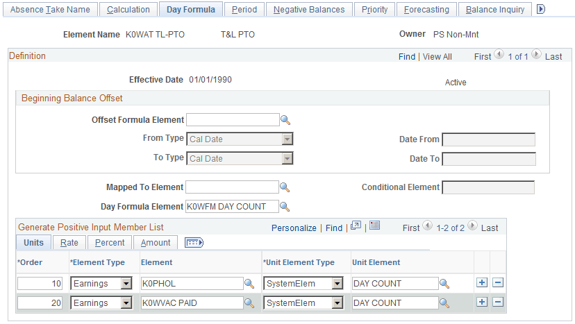 Example: Absence Take - Day Formula page with two earnings Example: Absence Take - Day Formula page with two earnings