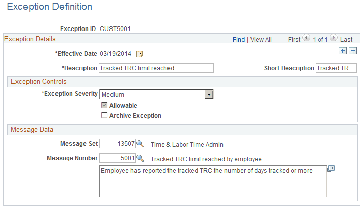 Exception Definition page Exception Definition page