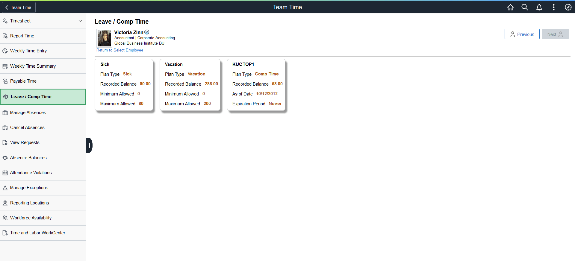 Leave/Comp Time Summary page Leave/Comp Time Summary page