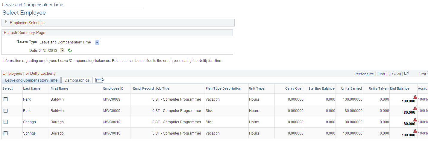 Leave and Compensatory Time page Leave and Compensatory Time page