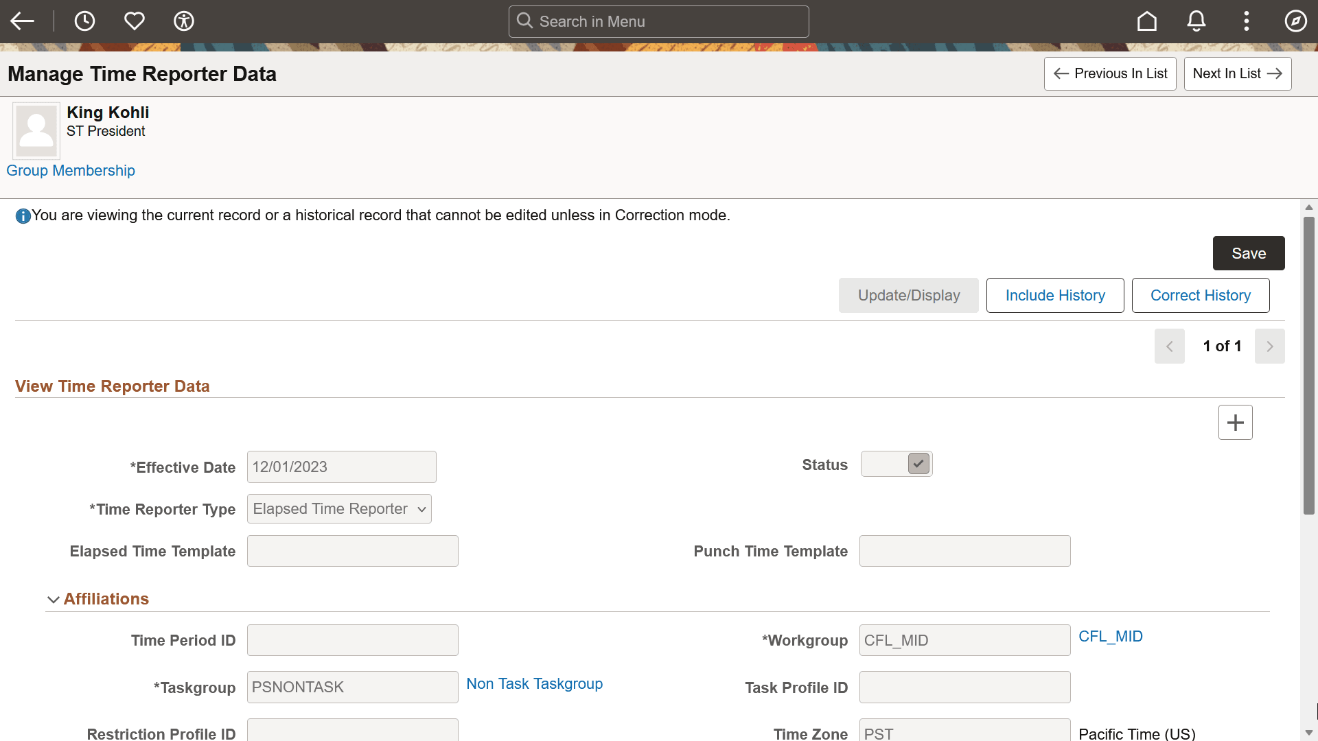 Maintain Time Reporter Data page Maintain Time Reporter Data page