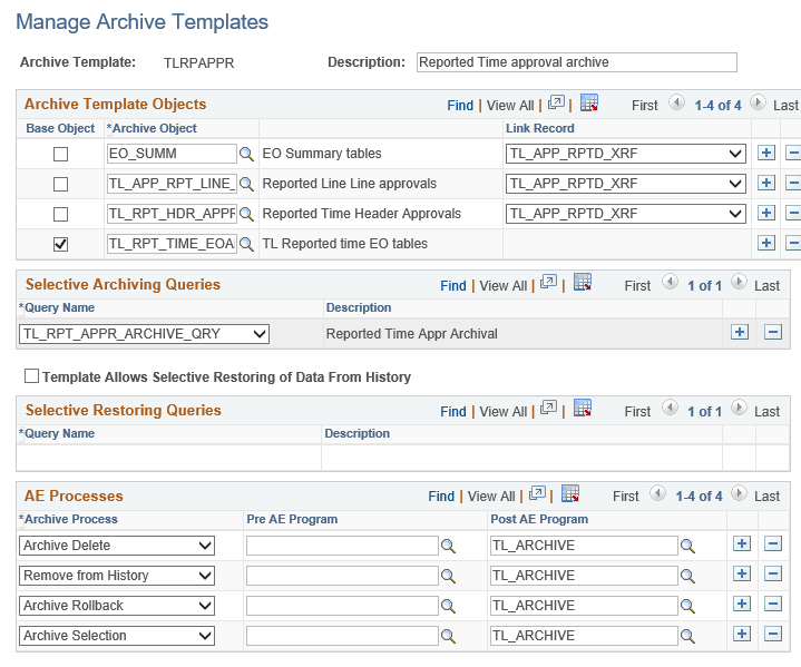 Manage Archive Templates page for Reported Time Approval archive Manage Archive Templates page for Reported Time Approval archive
