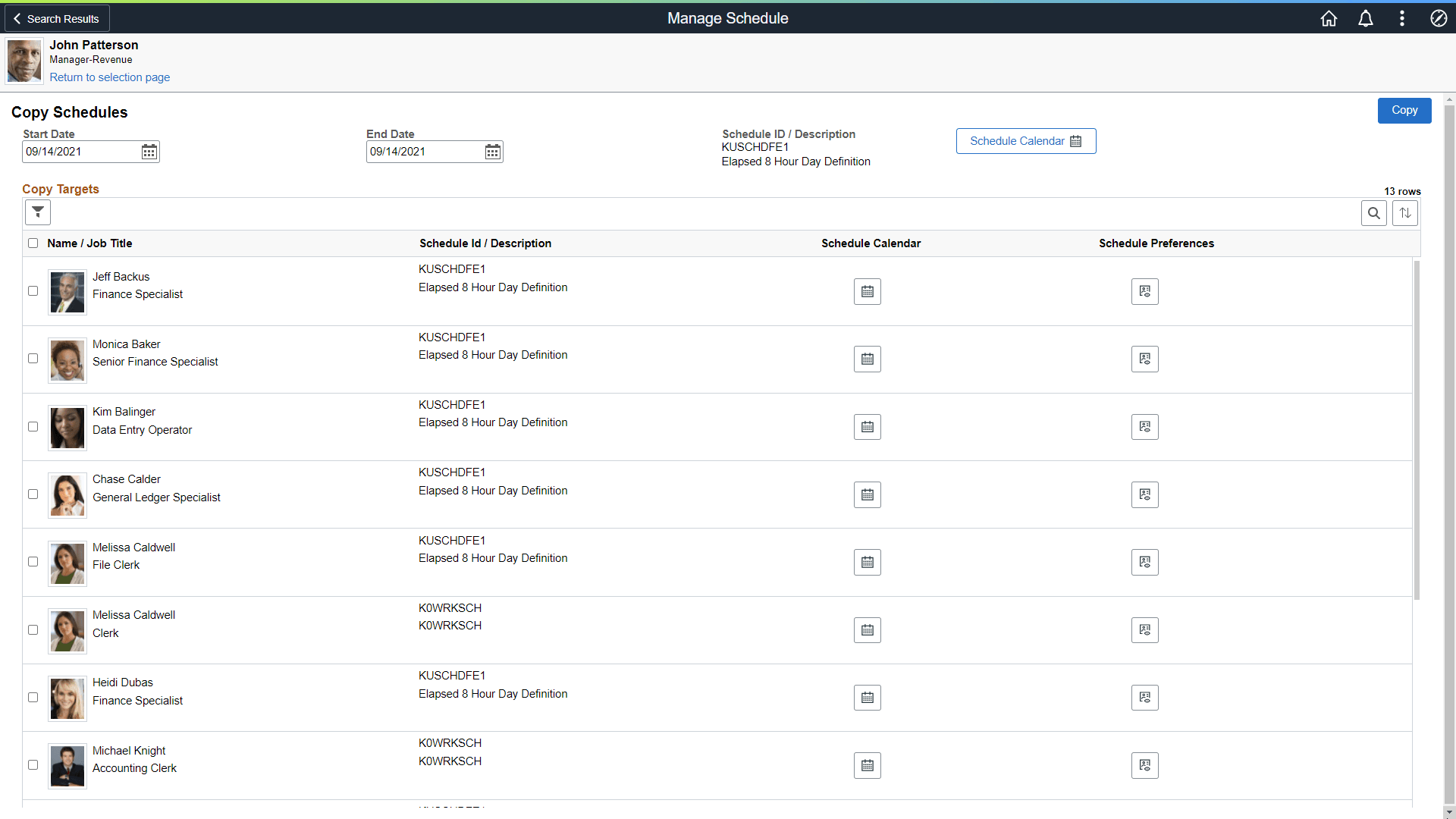 Manage Schedule - Copy Schedules Page