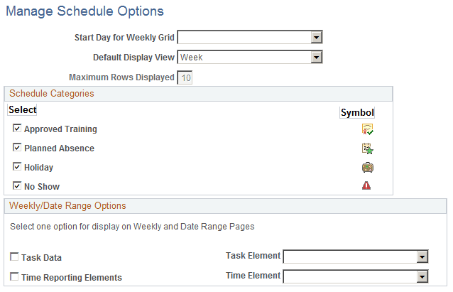Manage Schedules Options page