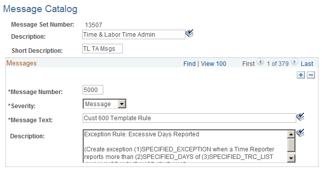 Message Catalog page showing the information used for the Cust_600 Rule Template Message Catalog page showing the information used for the Cust_600 Rule Template