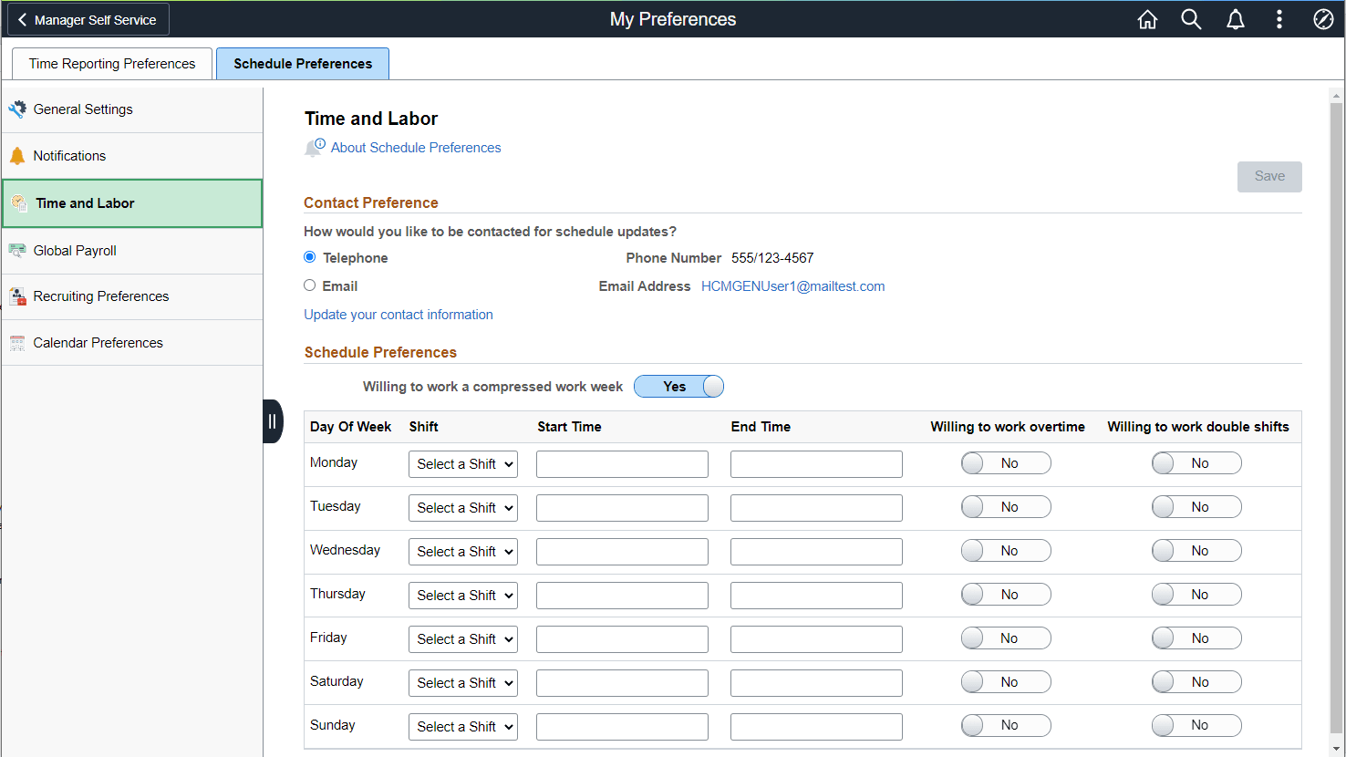 Schedule Preferences page Schedule Preferences page