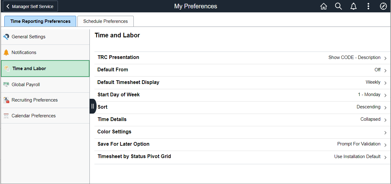 Time Reporting Preferences page Time Reporting Preferences page
