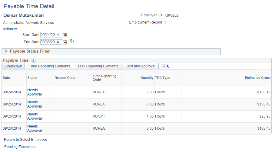 Payable Time Detail page Payable Time Detail page
