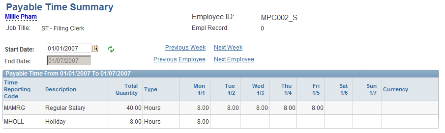 Payable Time Summary page Payable Time Summary page