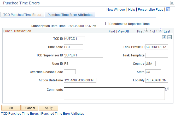 Punched Time Error Attributes page Punched Time Error Attributes page