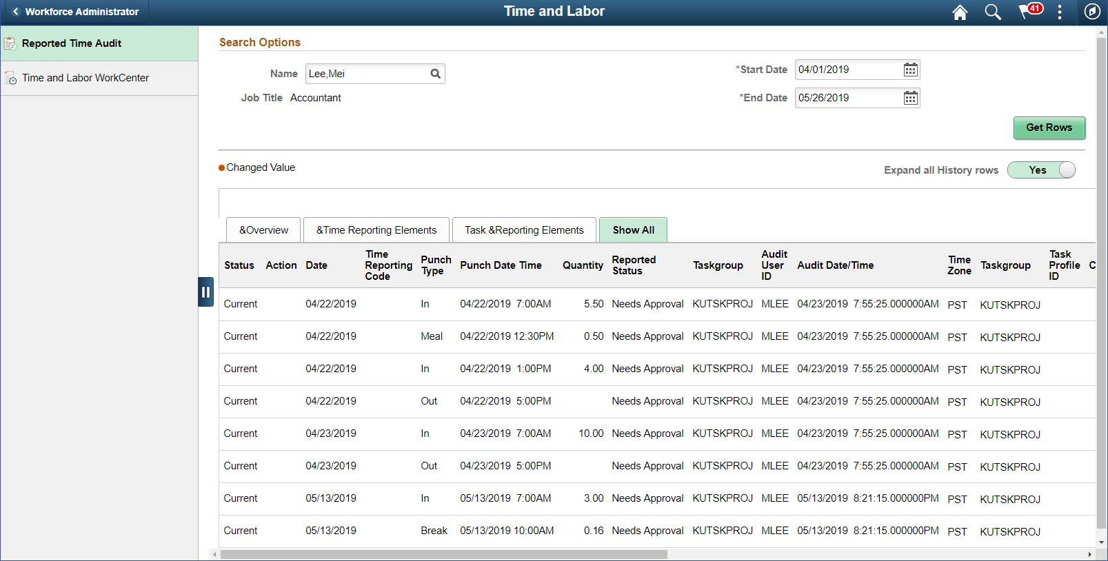 Report Time Audit page_Show All tab for Punch Report Time Audit page_Show All tab for Punch