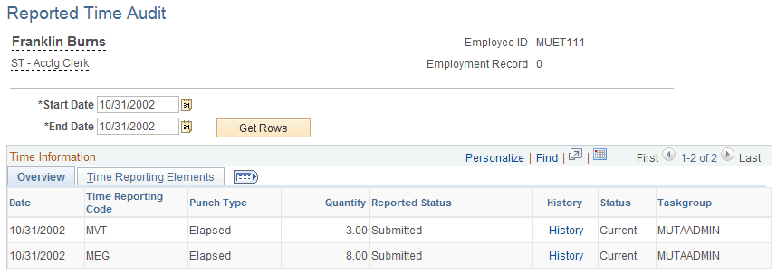 Reported Time Audit page Reported Time Audit page