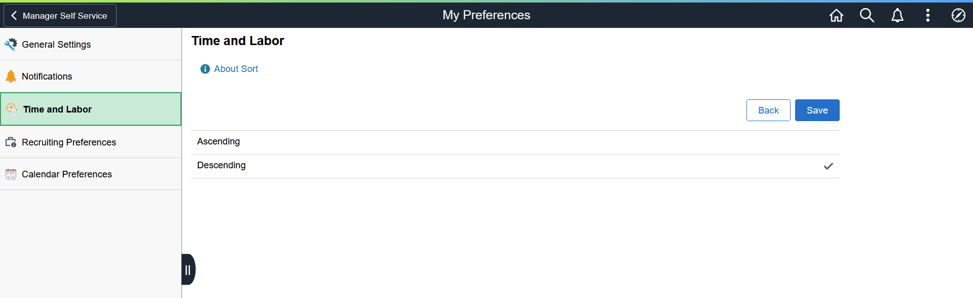 Sort section of the Time Reporting Preferences page Sort section of the Time Reporting Preferences page