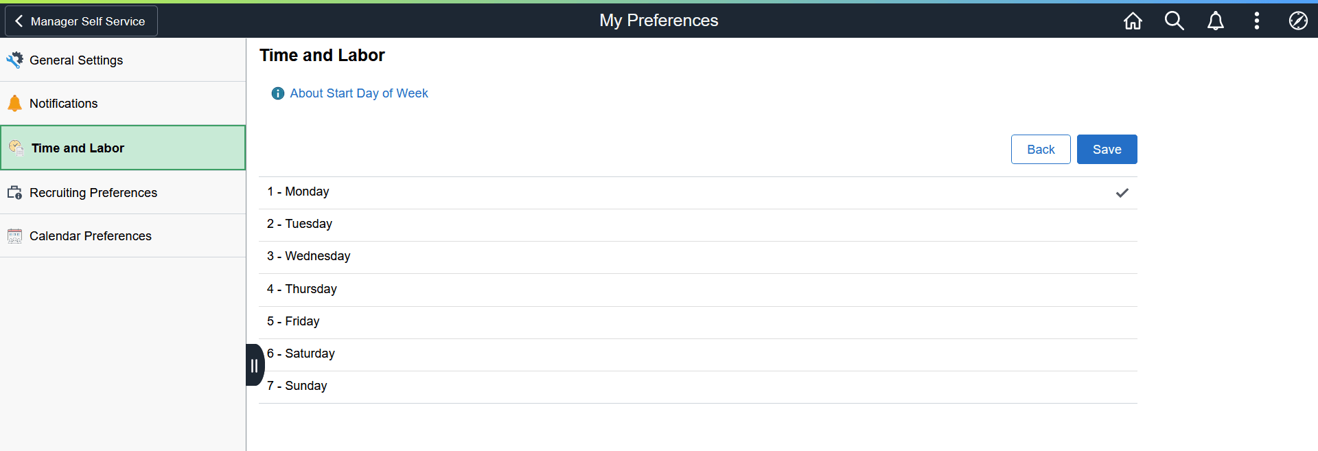 Start Day of Week section of the Time Reporting Preferences page Start Day of Week section of the Time Reporting Preferences page