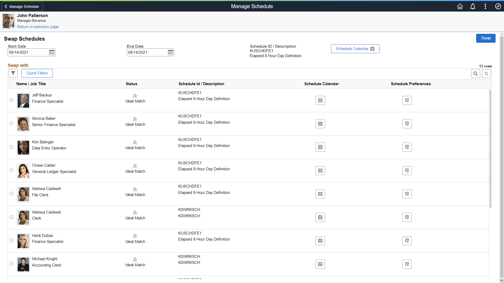 Manage Schedule - Swap Schedules Page