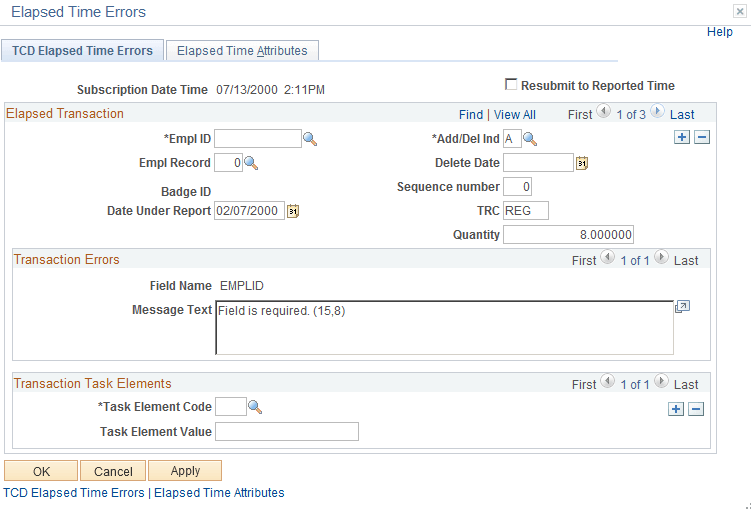 TCD Elapsed Time Errors page TCD Elapsed Time Errors page