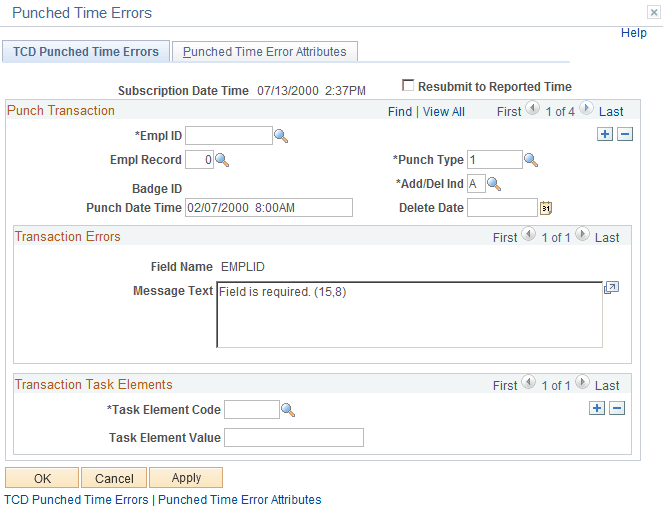 TCD Punched Time Errors page TCD Punched Time Errors page