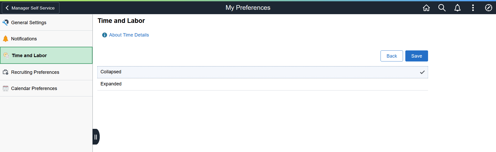 Time Details section of the Time Reporting Preferences page Time Details section of the Time Reporting Preferences page