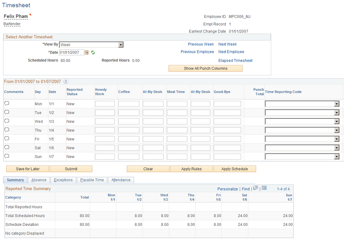 Timesheet page Timesheet page