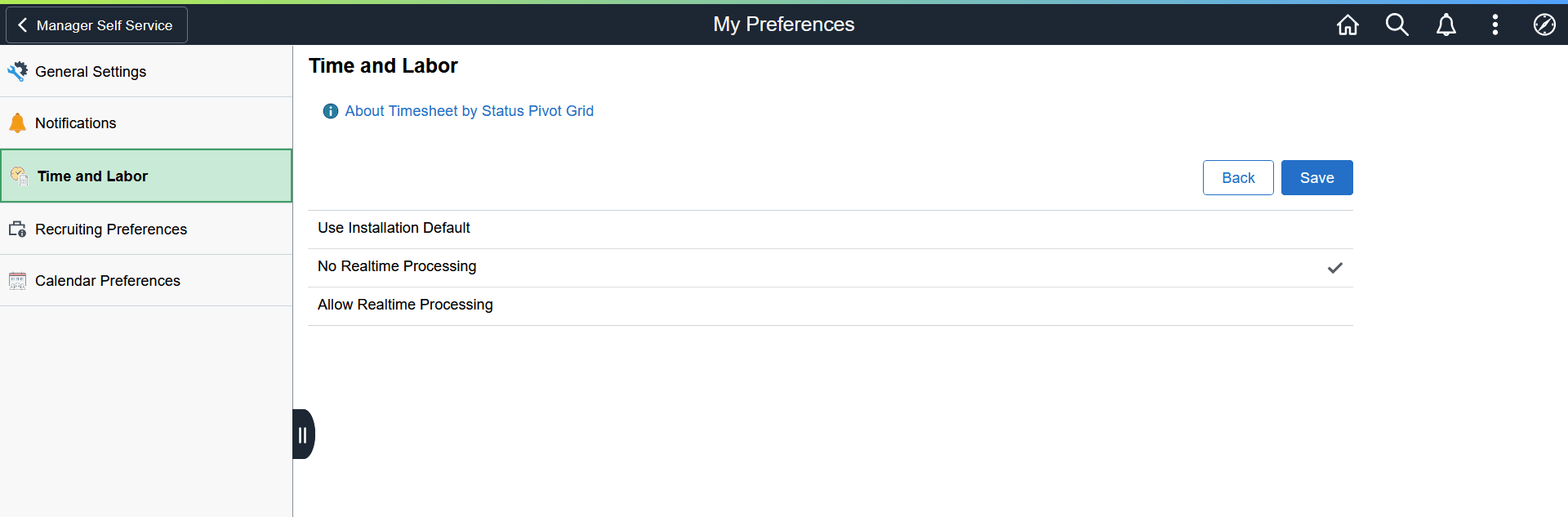 Timesheet By Status Pivot Grid section of the Time Reporting Preferences page Timesheet By Status Pivot Grid section of the Time Reporting Preferences page