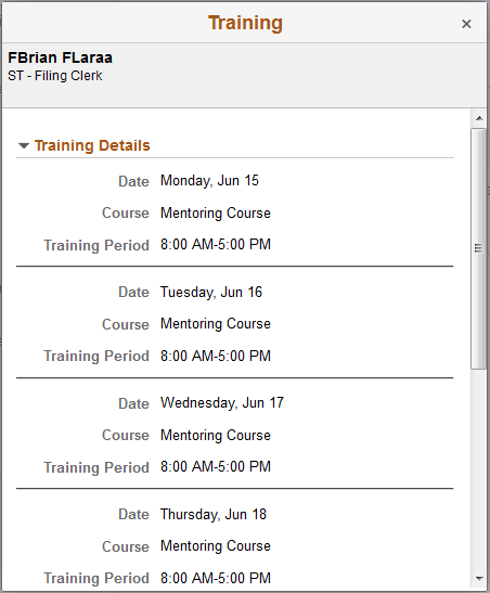 Training weekly drill down details Training weekly drill down details