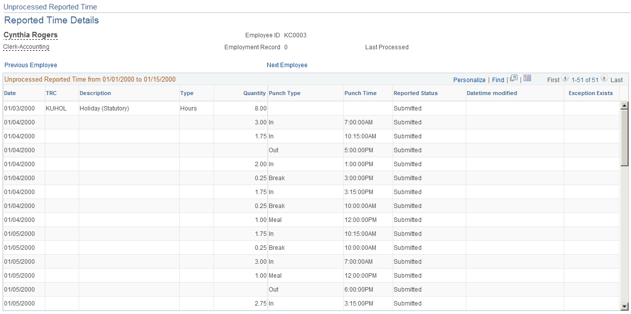 Unprocessed Reported Time Details page Unprocessed Reported Time Details page