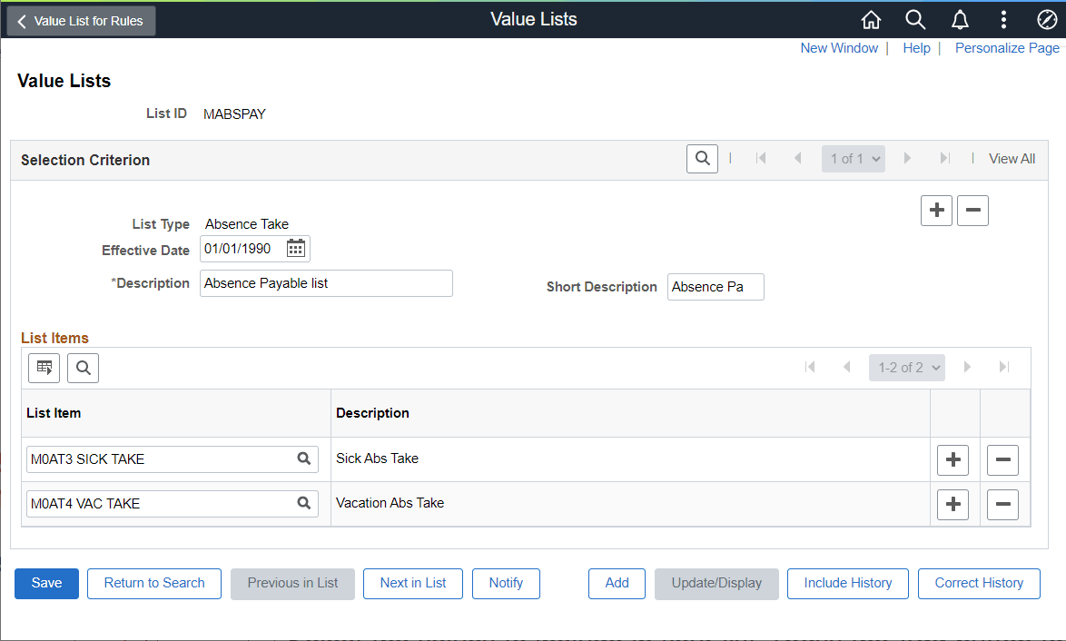 Value Lists Page Value Lists Page