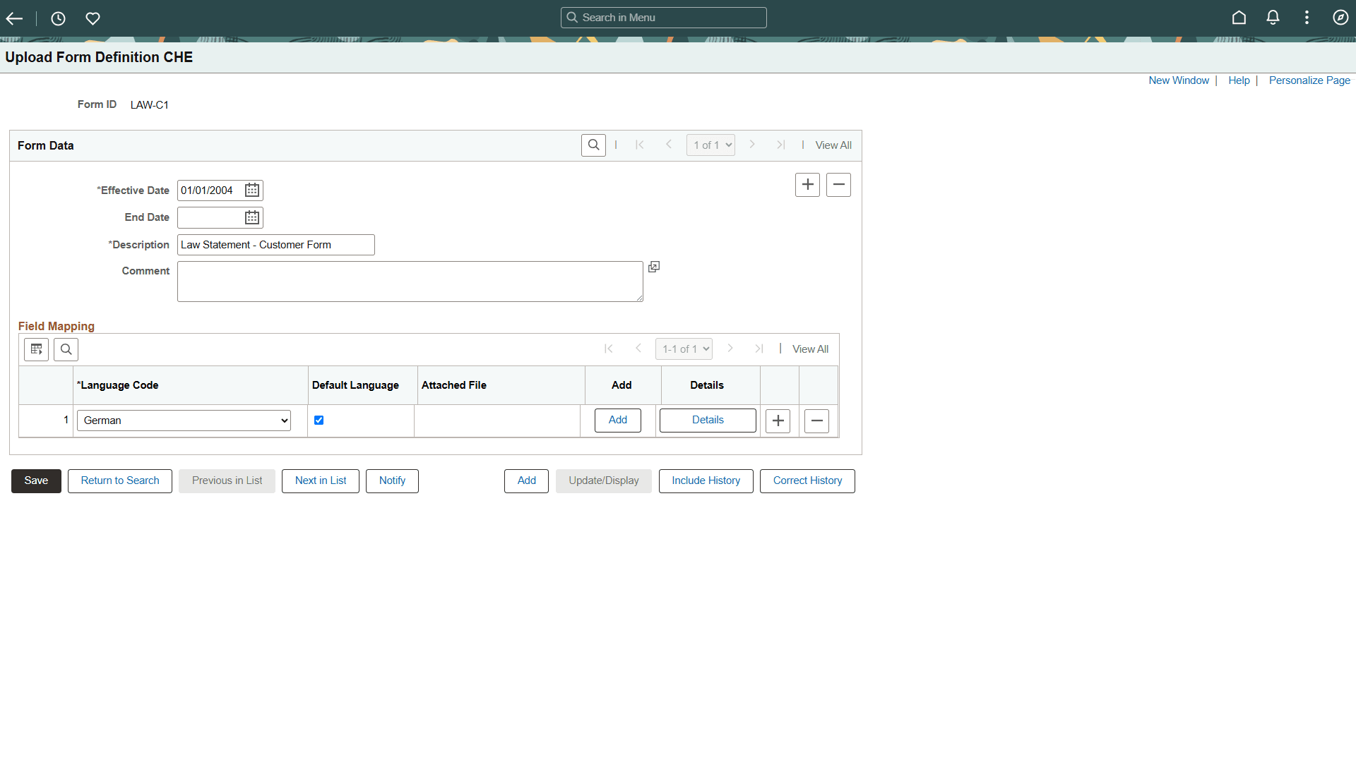 Upload Form Definition CHE Page showing Add button