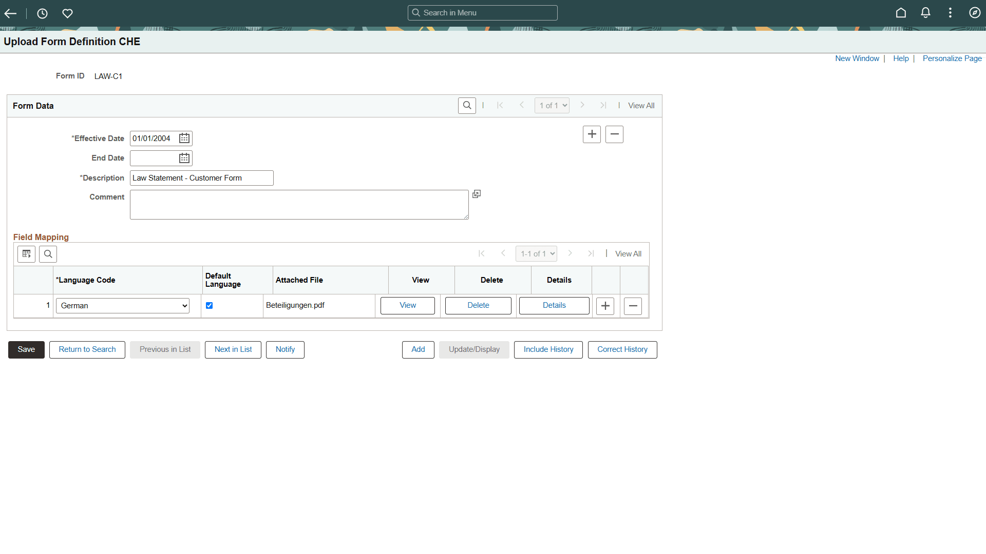 Upload Form Definition CHE page