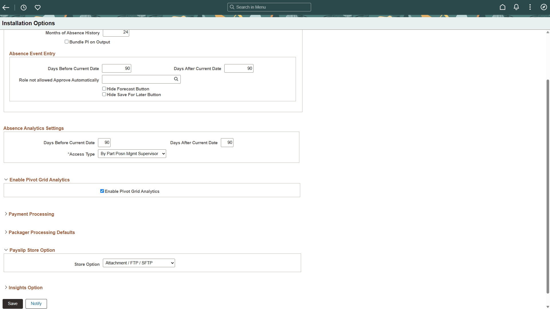 Installation Options page