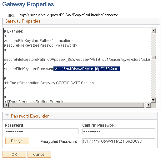 Gateway Properties page (setting the keystore location and encrypted password)