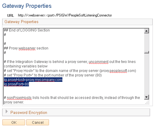 Gateway Properties page to enter proxy information