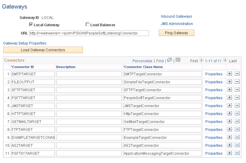 Gateways page with connectors loaded