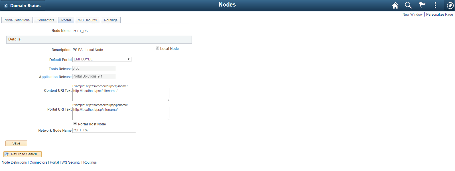 Node Definitions page: Portal tab