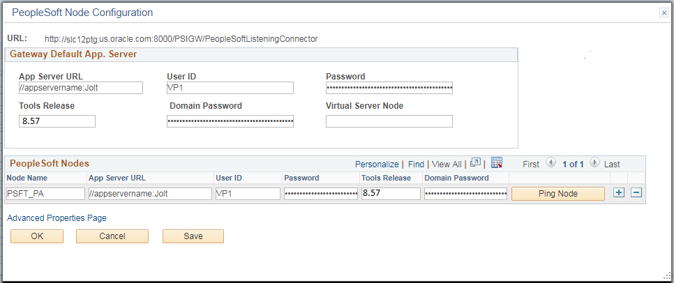 PeopleSoft Node Configuration page with one node