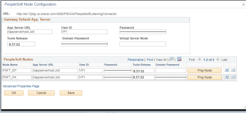 PeopleSoft Node Configuration page with two nodes