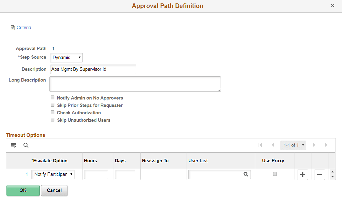 Approval Path Definition page Approval Path Definition page