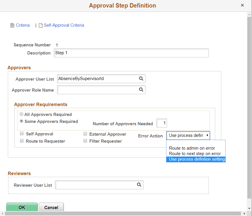 Approval Step Definition page Approval Step Definition page