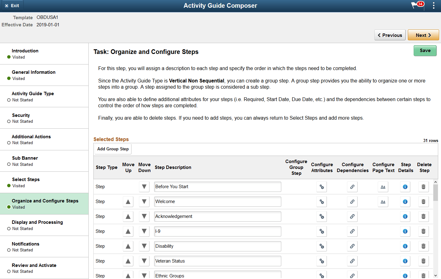 Activity Guide Composer - Organize and Configure Steps Page