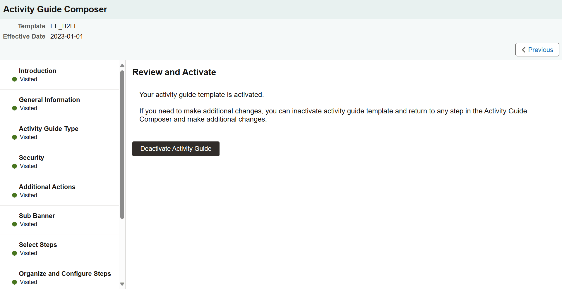 Activity Guide Composer - Review and Activate page Activity Guide Composer - Review and Activate page