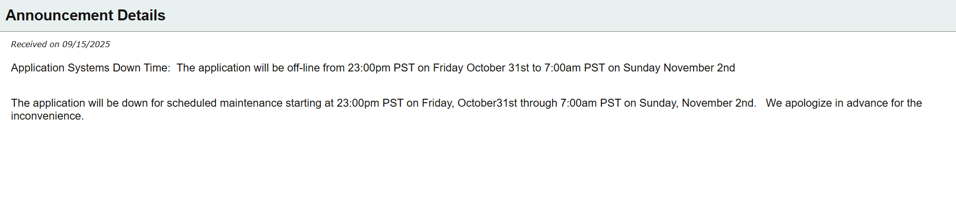 Announcement Details page showing an announcement message from the Banner Announcement section