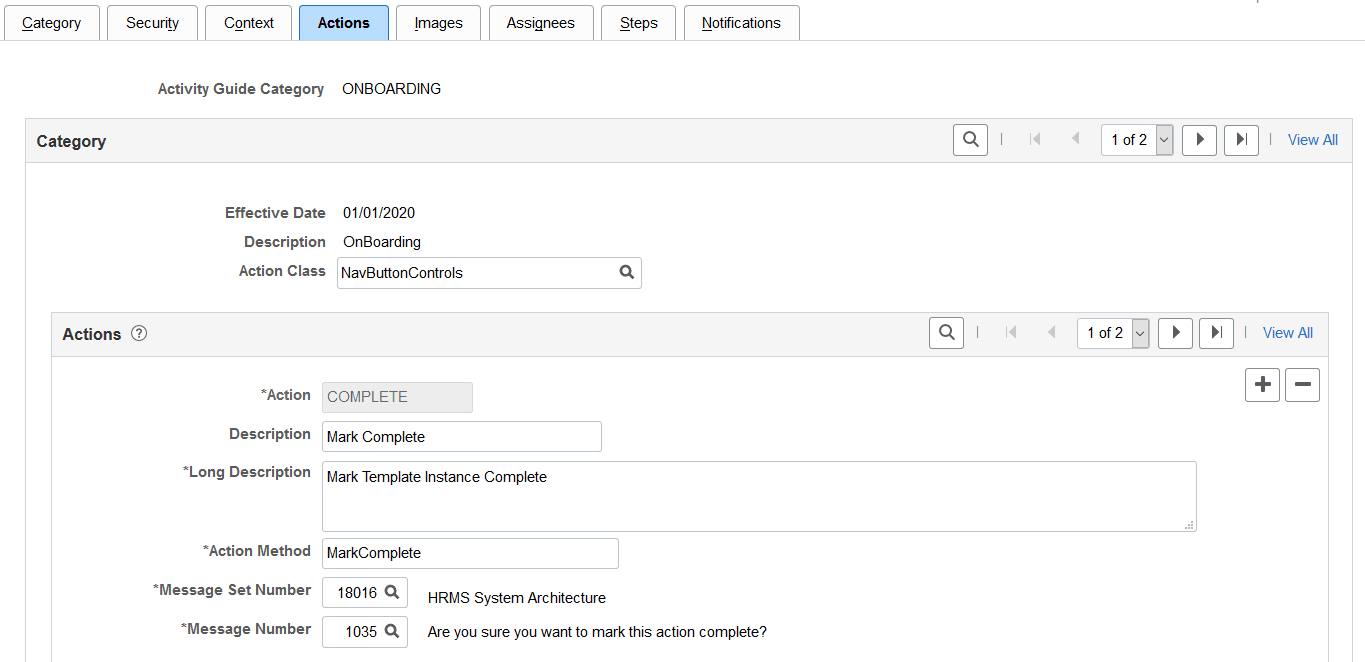 Categories - Actions page