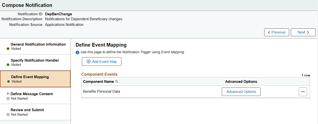 Compose Notification - Define Event Mapping page