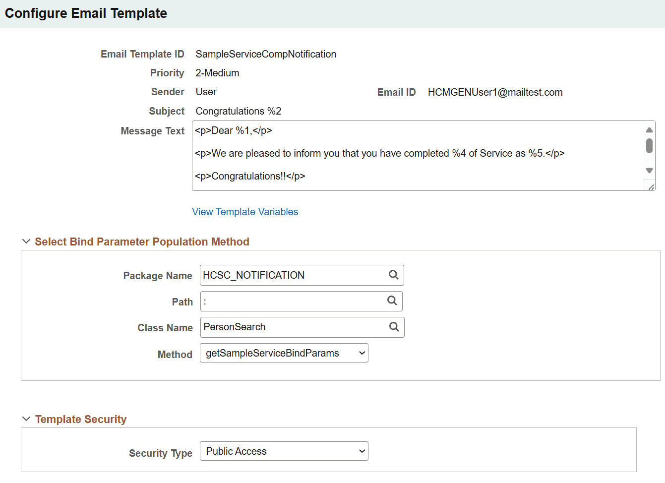 Configure Email Template page Configure Email Template page