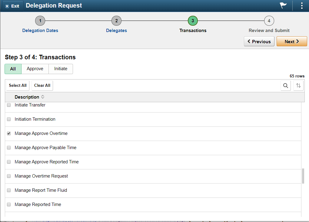 Create Delegation Request Select transactions page