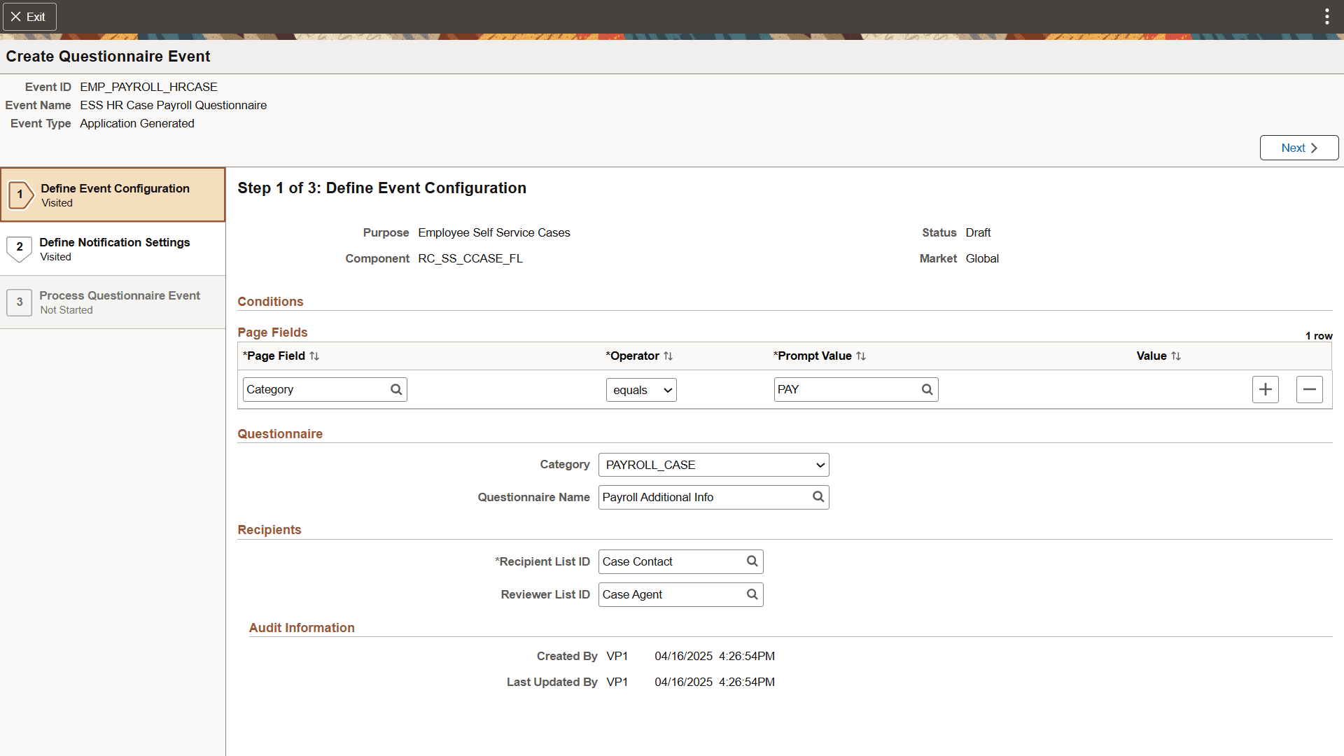 Define Event Configuration page (Application Generated event type)
