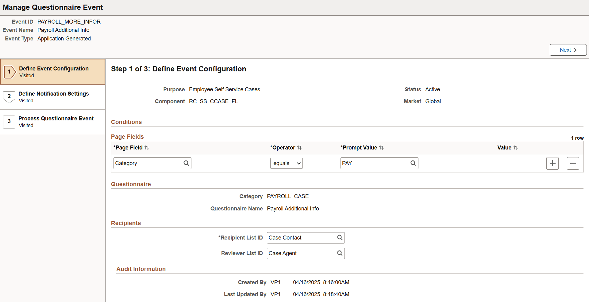 Define Event Configuration page Define Event Configuration page