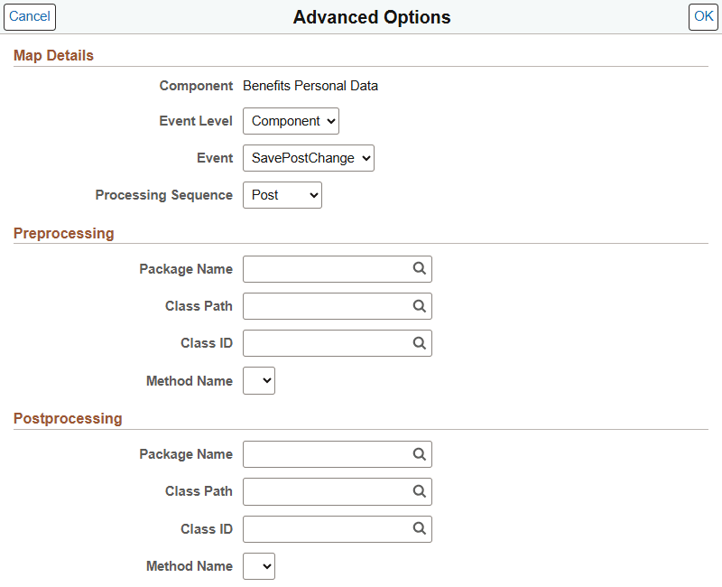 Define Event Mapping - Advanced Options page