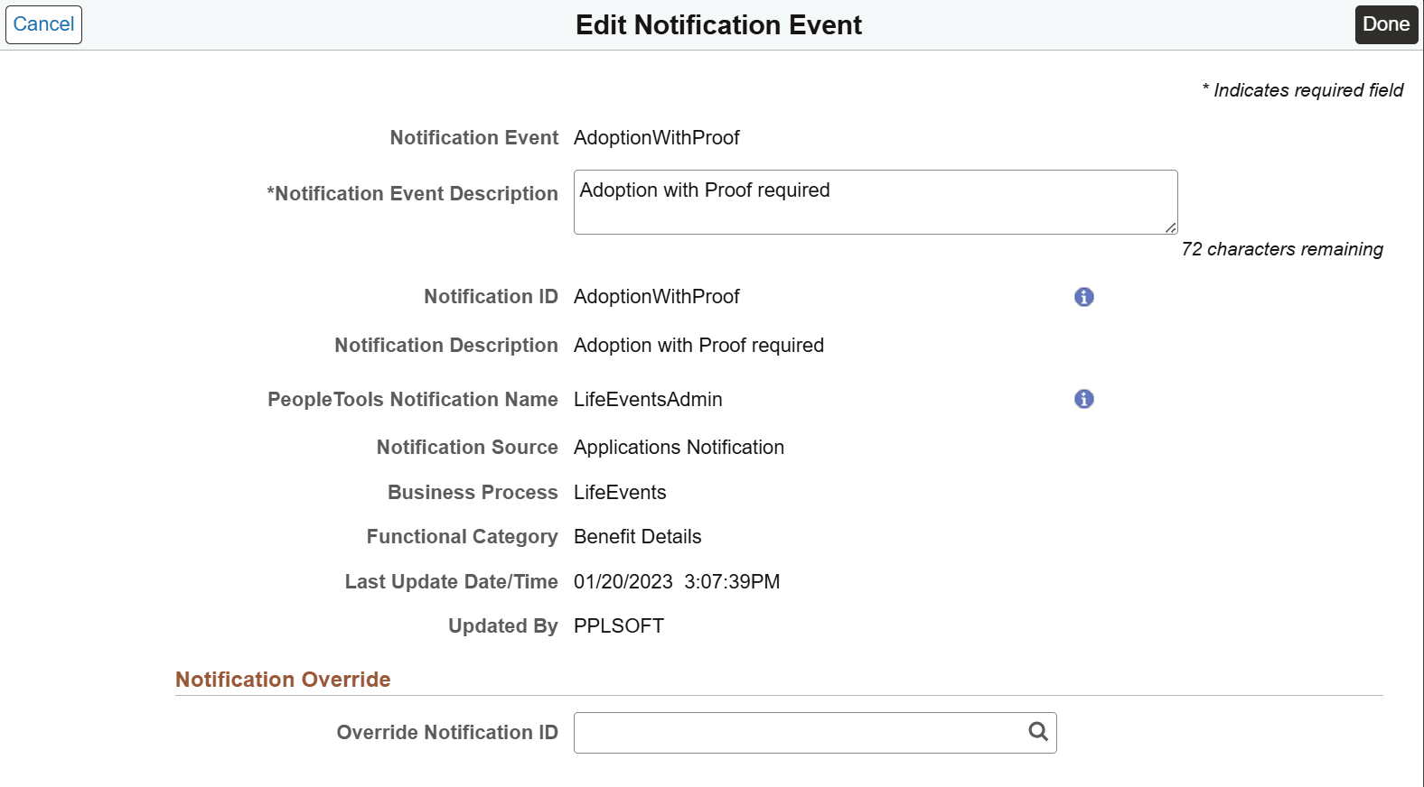 Edit Notification Event page